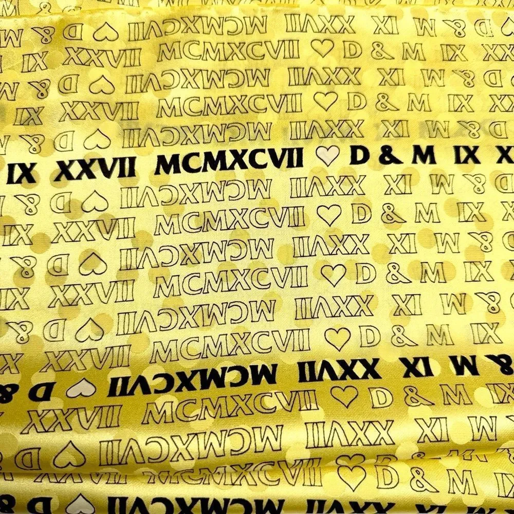 Yellow Silk Satin Scarf Roman Numerals and Initials Print Hand Rolled 34x34